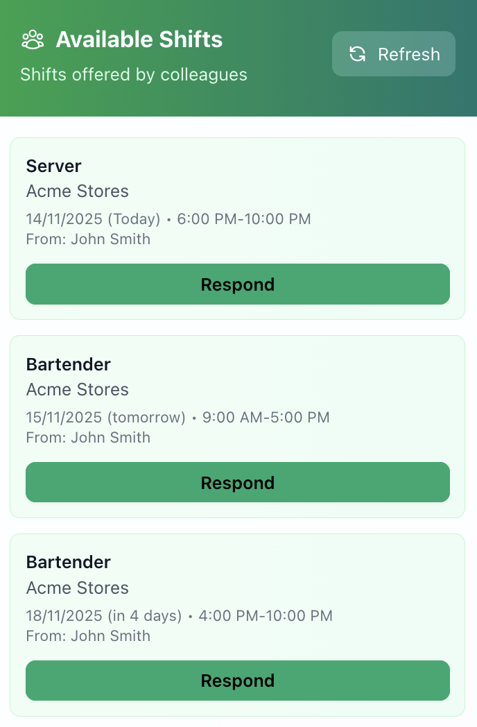 Free shift swap management system allowing employees to trade shifts with manager approval