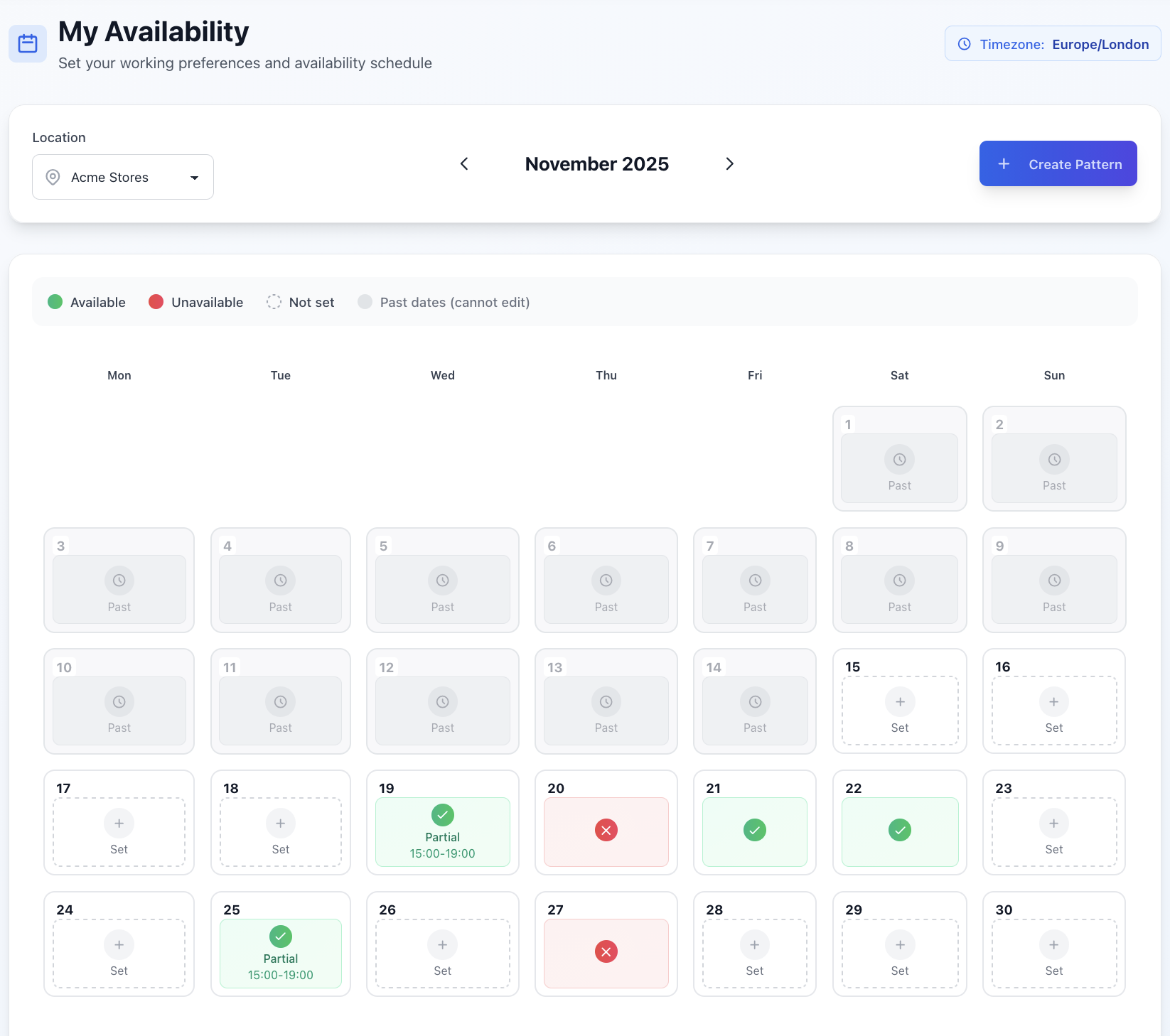 Free employee availability management interface showing staff marking their preferred working hours and time-off in Rota123 scheduling software