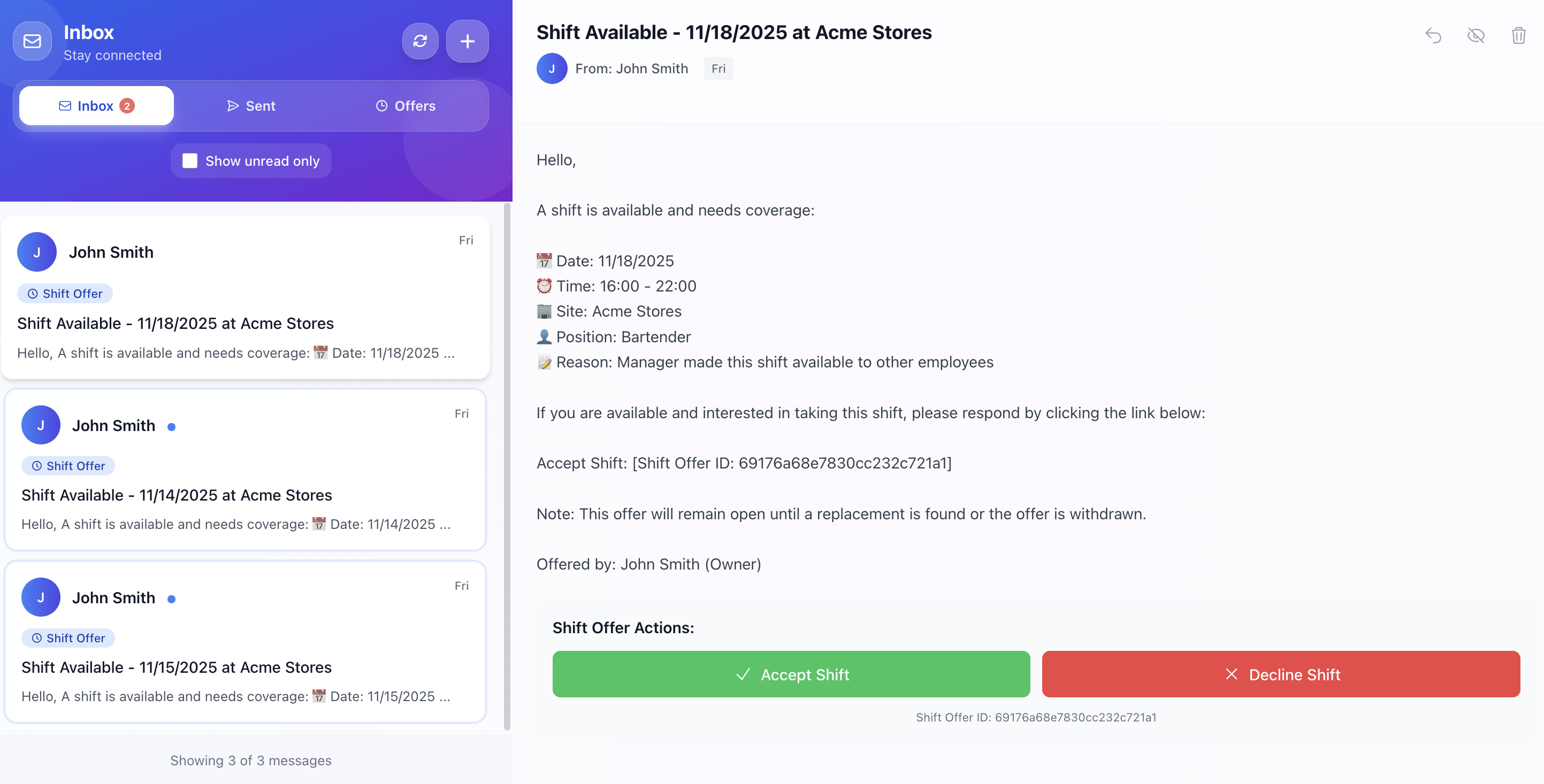 Free team communication and messaging inbox for staff coordination and announcements