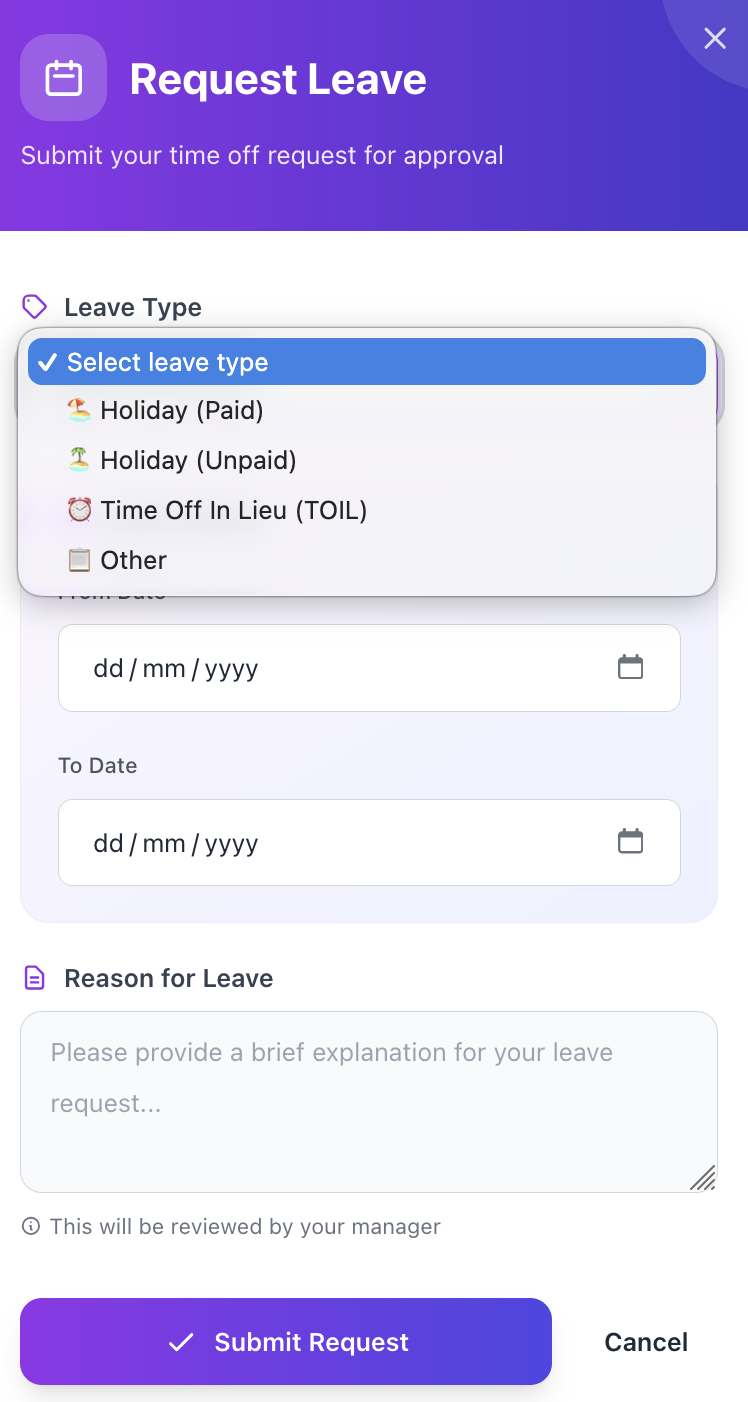 Free leave management system for vacation requests, sick days, and time-off tracking
